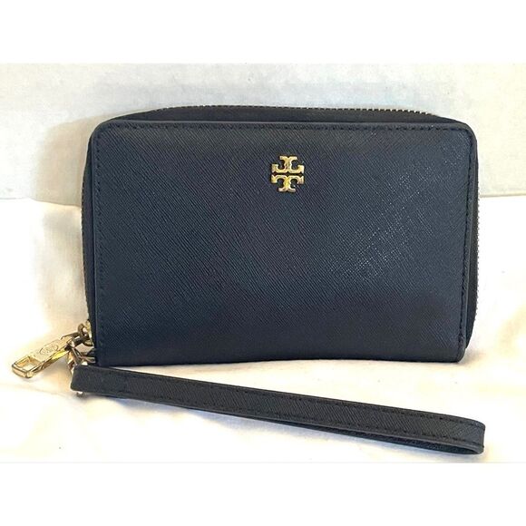 TORY BURCH Emerson Wristlet Pouch Zip Wallet Black Saffiano Leather Gold Logo - Picture 1 of 7